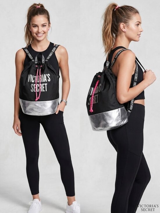 Victoria's Secret Handbags - Victoria's Secret Black Nylon Pink Cord Backpack Silver Base Sz 15.5x15.5x10 NEW